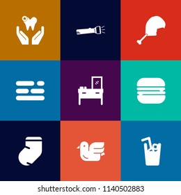Modern, simple vector icon set on colorful flat backgrounds with cheeseburger, bird, mouth, sandwich, home, bulb, cabinet, lamp, poultry, healthy, layout, sky, animal, socks, dental, drink, tool icons