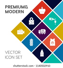 Modern, simple vector icon set on colorful flat background with camera, basketball, safety, red, team, sign, winery, restaurant, cargo, lamp, film, muffin, sweet, truck, drink, cupcake, light icons