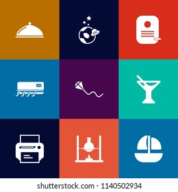 Modern, simple vector icon set on colorful flat backgrounds with air, planet, sign, conditioning, printer, space, boat, plate, astronomy, shuttle, conditioner, vessel, equipment, identity, juice icons