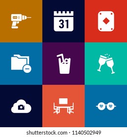 Modern, simple vector icon set on colorful flat backgrounds with event, glass, file, power, table, machine, calendar, equipment, style, time, juice, poker, date, black, timetable, office, red icons