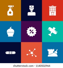 Modern, simple vector icon set on colorful flat backgrounds with farm, price, architecture, spray, pesticide, sand, pie, chemistry, sign, health, equipment, toxic, medical, stethoscope, care icons