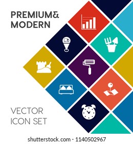 Modern, simple vector icon set on colorful flat background with time, hotel, map, diagram, vacation, double, graph, travel, white, roller, roll, sea, home, bed, position, watch, marker, alarm icons