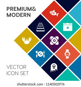 Modern, simple vector icon set on colorful flat background with knife, delicious, seafood, crab, celebration, fish, party, monster, restaurant, cake, fork, pastry, smart, fiction, kitchen, star icons