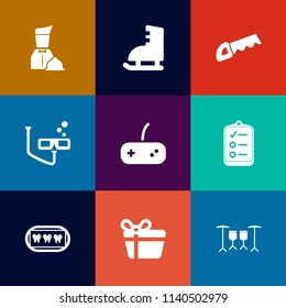 Modern, simple vector icon set on colorful flat backgrounds with construction, activity, list, play, button, controller, sport, joystick, holiday, box, health, check, sign, document, gift, food icons