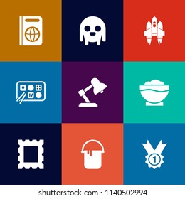 Modern, simple vector icon set on colorful flat backgrounds with interior, shuttle, ship, chef, technology, journey, travel, table, satellite, picture, immigration, border, paint, humanoid, ufo icons