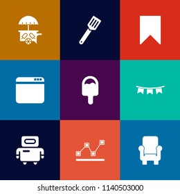 Modern, simple vector icon set on colorful flat backgrounds with chair, icecream, kitchen, robot, stats, website, food, vehicle, van, futuristic, flag, pan, chart, star, book, pot, water, cream icons