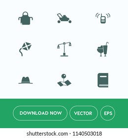 Modern, simple vector icon set on white background with ringing, communication, uniform, lawnmower, equipment, dessert, pin, cook, map, mover, grass, cream, connection, kitchen, gardening, phone icons