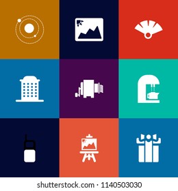 Modern, simple vector icon set on colorful flat backgrounds with blank, art, pasta, urban, phone, artist, traditional, drawing, image, mobile, city, japanese, space, telephone, house, photo, fan icons
