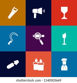 Modern, simple vector icon set on colorful flat backgrounds with bar, flame, mascara, glass, seo, bottle, fire, white, wine, beverage, fashion, research, message, optimization, megaphone, brush icons