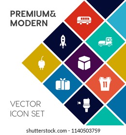 Modern, simple vector icon set on colorful flat background with decoration, gift, shirt, technology, cargo, square, restroom, cable, spaceship, public, charger, speed, box, basketball, toilet icons