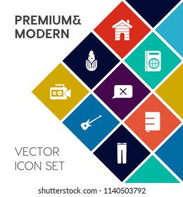 Modern, simple vector icon set on colorful flat background with paper, trousers, music, guitar, diet, camera, immigration, closed, pants, healthy, fresh, handle, fashion, architecture, home icons