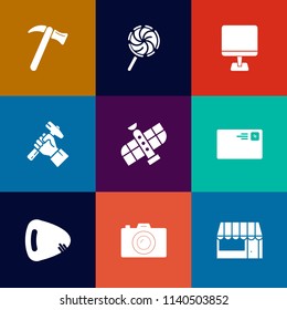 Modern, simple vector icon set on colorful flat backgrounds with grocery, helmet, builder, work, camera, stick, photo, spanner, hammer, store, repair, music, orbit, construction, photography, pc icons