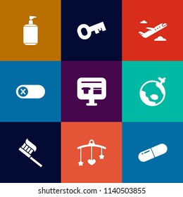 Modern, simple vector icon set on colorful flat backgrounds with flight, transport, house, health, world, switch, airport, newborn, medical, energy, bath, ecommerce, travel, turn, safe, care icons