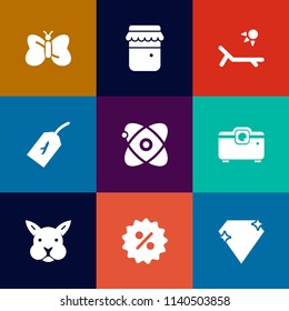 Modern, simple vector icon set on colorful flat backgrounds with animal, beach, price, jam, universe, cosmos, wing, pot, glass, percent, butterfly, label, space, nature, projector, flight, fly icons