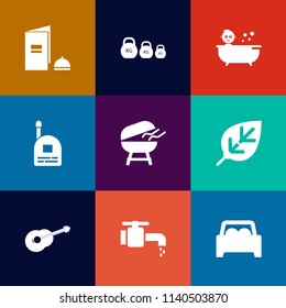 Modern, simple vector icon set on colorful flat backgrounds with bbq, child, page, music, shower, young, water, sign, baby, sink, grill, cooking, paper, faucet, kilogram, plant, car, kid, white icons
