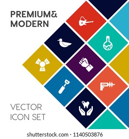 Modern, simple vector icon set on colorful flat background with dental, music, war, sky, black, bird, space, concept, medicine, flight, plastic, cooking, cold, human, tool, hand, lab, animal icons