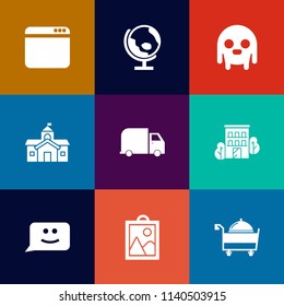 Modern, simple vector icon set on colorful flat backgrounds with delivery, food, city, monster, restaurant, exterior, internet, world, face, creature, travel, house, image, architecture, bank icons