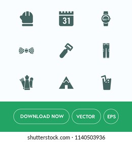 Modern, simple vector icon set on white background with tent, warm, drink, strategy, piece, scarf, fashion, date, hat, schedule, elegance, king, gloves, calendar, travel, clothing, pants, potato icons