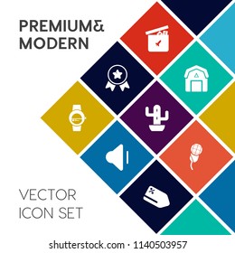 Modern, simple vector icon set on colorful flat background with ribbon, farm, competition, farming, plant, gadget, wood, price, award, up, natural, win, rural, ball, sound, old, mic, barn, music icons
