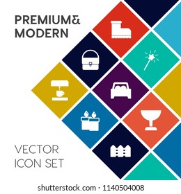 Modern, simple vector icon set on colorful flat background with magician, candle, boot, brown, coffee, footwear, search, christmas, flame, decoration, style, zoom, find, fence, transportation icons