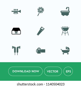 Modern, simple vector icon set on white background with food, work, instrument, construction, pram, stroller, sweet, storage, bathroom, data, sign, file, colorful, trumpet, folder, musical, meat icons