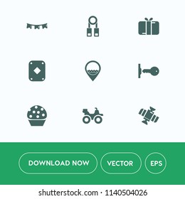 Modern, simple vector icon set on white background with presentation, celebration, quad, security, house, sweet, game, food, cake, extreme, colorful, decoration, training, event, road, door, job icons