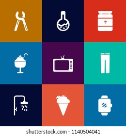 Modern, simple vector icon set on colorful flat backgrounds with home, nutrition, protein, technology, screen, laboratory, reparation, smart, sport, food, television, medical, health, dental, tv icons