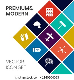 Modern, simple vector icon set on colorful flat background with paint, business, plane, dish, tool, power, chemistry, energy, travel, map, roller, aircraft, city, dinner, molecule, white, roll icons