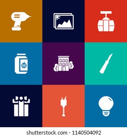 Modern, simple vector icon set on colorful flat backgrounds with business, knife, celebration, ice, bucket, holiday, work, gift, energy, sky, drill, present, photography, equipment, cable, old icons