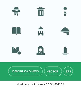 Modern, simple vector icon set on white background with trash, service, ecology, spacecraft, space, ufo, girl, fire, candle, textbook, waitress, woman, restaurant, literature, sweet, garbage icons