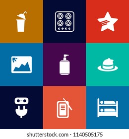 Modern, simple vector icon set on colorful flat backgrounds with star, electricity, white, kitchen, gas, plug, clothing, fashion, stove, cooking, energy, drink, soap, paper, hat, ink, photo, web icons