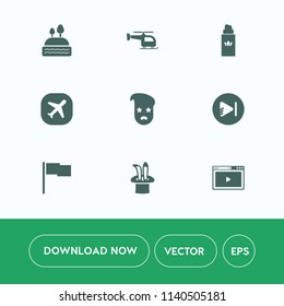 Modern, simple vector icon set on white background with aroma, doughnut, product, air, perfume, plane, video, bakery, beauty, internet, food, cosmetic, media, sign, graphic, play, music, online icons