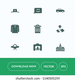 Modern, simple vector icon set on white background with building, church, jacket, arrow, highway, smile, fire, pin, religion, clothing, location, direction, pointer, face, hat, west, recycle icons