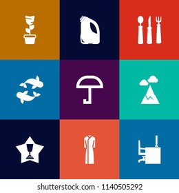 Modern, simple vector icon set on colorful flat backgrounds with meal, knife, rain, female, kitchen, nature, interior, restaurant, winner, seafood, spoon, home, sea, plant, dress, container, can icons