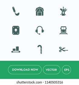 Modern, simple vector icon set on white background with sound, music, ladle, luggage, red, candy, mountains, glass, winery, soup, lollipop, play, wood, transportation, restaurant, barn, drink icons