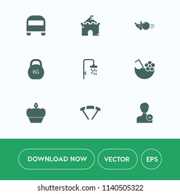 Modern, simple vector icon set on white background with fairytale, dessert, kilogram, doughnut, fun, palace, travel, juice, road, building, pin, shower, food, summer, cake, sweet, fantasy, bus icons