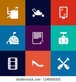 Modern, simple vector icon set on colorful flat backgrounds with oar, notebook, street, cable, water, entertainment, ice, banner, table, sky, white, house, gardening, document, female, boat, top icons