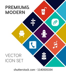 Modern, simple vector icon set on colorful flat background with fastener, sign, choice, barbecue, direction, drink, web, sweet, water, juice, document, music, paper, arrow, street, department icons