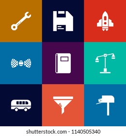 Modern, simple vector icon set on colorful flat backgrounds with spanner, screwdriver, road, balance, transportation, bow, disk, hammer, air, paper, equipment, technology, construction, work icons