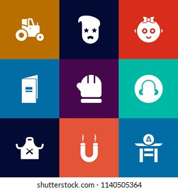 Modern, simple vector icon set on colorful flat backgrounds with child, farming, season, hipster, farmer, baby, taiko, vehicle, magnetic, book, cute, drum, childhood, fashion, culture, retro icons