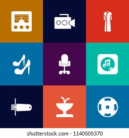 Modern, simple vector icon set on colorful flat backgrounds with chair, clothes, video, girl, technology, signal, flash, elegance, communication, architecture, water, modern, female, high, sound icons