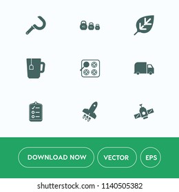 Modern, simple vector icon set on white background with rocket, mark, fitness, planet, kilogram, sickle, environment, forest, natural, tea, plant, checklist, tool, cup, foliage, weight, gas icons