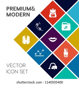Modern, simple vector icon set on colorful flat background with file, graph, toothbrush, document, chart, hygiene, bag, education, format, video, data, sign, housework, domestic, lips, call, bar icons
