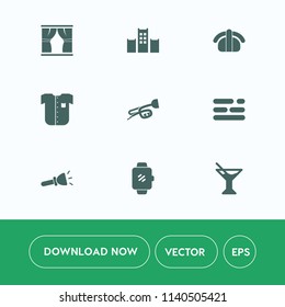 Modern, simple vector icon set on white background with smart, template, sound, glass, shine, music, home, flashlight, interior, layout, clothing, cocktail, sushi, gadget, fish, salmon, electric icons