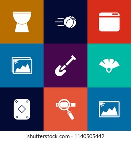 Modern, simple vector icon set on colorful flat backgrounds with internet, traditional, music, soccer, blank, play, equipment, japanese, white, tool, photo, shovel, sign, construction, web, kick icons