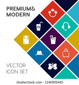 Modern, simple vector icon set on colorful flat background with orange, fresh, sweet, cold, infant, shake, baby, hotel, toy, beverage, object, , fruit, sale, headphones, hat, travel, newborn icons