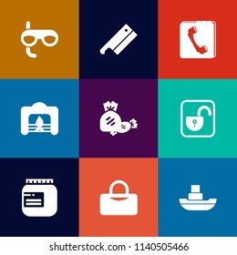 Modern, simple vector icon set on colorful flat backgrounds with jar, vessel, fire, red, candy, scuba, axe, sea, contact, home, boat, ship, warm, bag, fireplace, internet, jam, interior, open icons