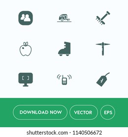 Modern, simple vector icon set on white background with journey, adventure, caravan, people, computer, food, season, transport, autumn, camper, flight, technology, travel, business, apple, tag icons