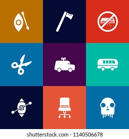 Modern, simple vector icon set on colorful flat backgrounds with furniture, fiction, hammer, speed, air, screwdriver, tool, ship, wrench, construction, toy, adventure, interior, sea, canoe, ufo icons