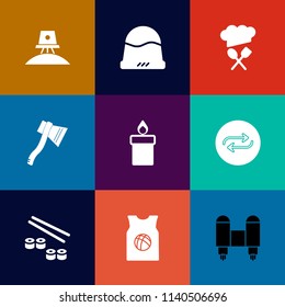 Modern, simple vector icon set on colorful flat backgrounds with object, universe, sport, science, flame, fashion, space, japan, chief, tool, baseball, restaurant, replacement, craft, substitute icons